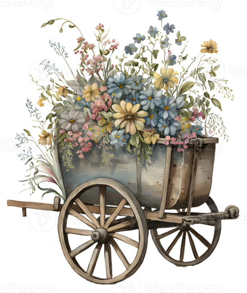 vintage carriage with flowers, wheelbarrow with flowers, isolated, png