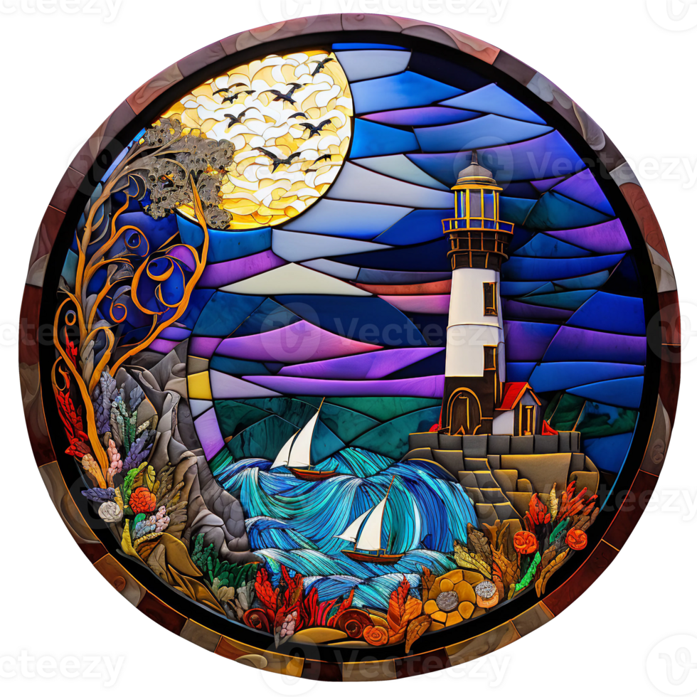 Stained glass light house, png