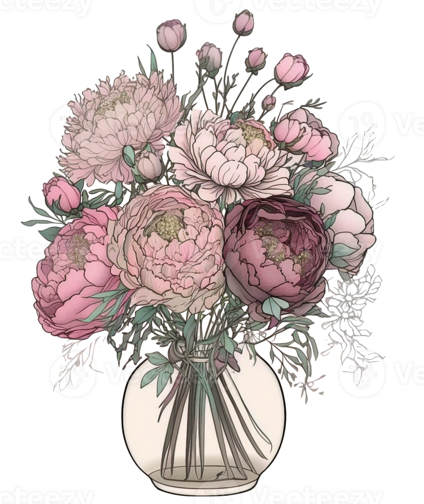 Pink peony flowers bouquet in a vase, png