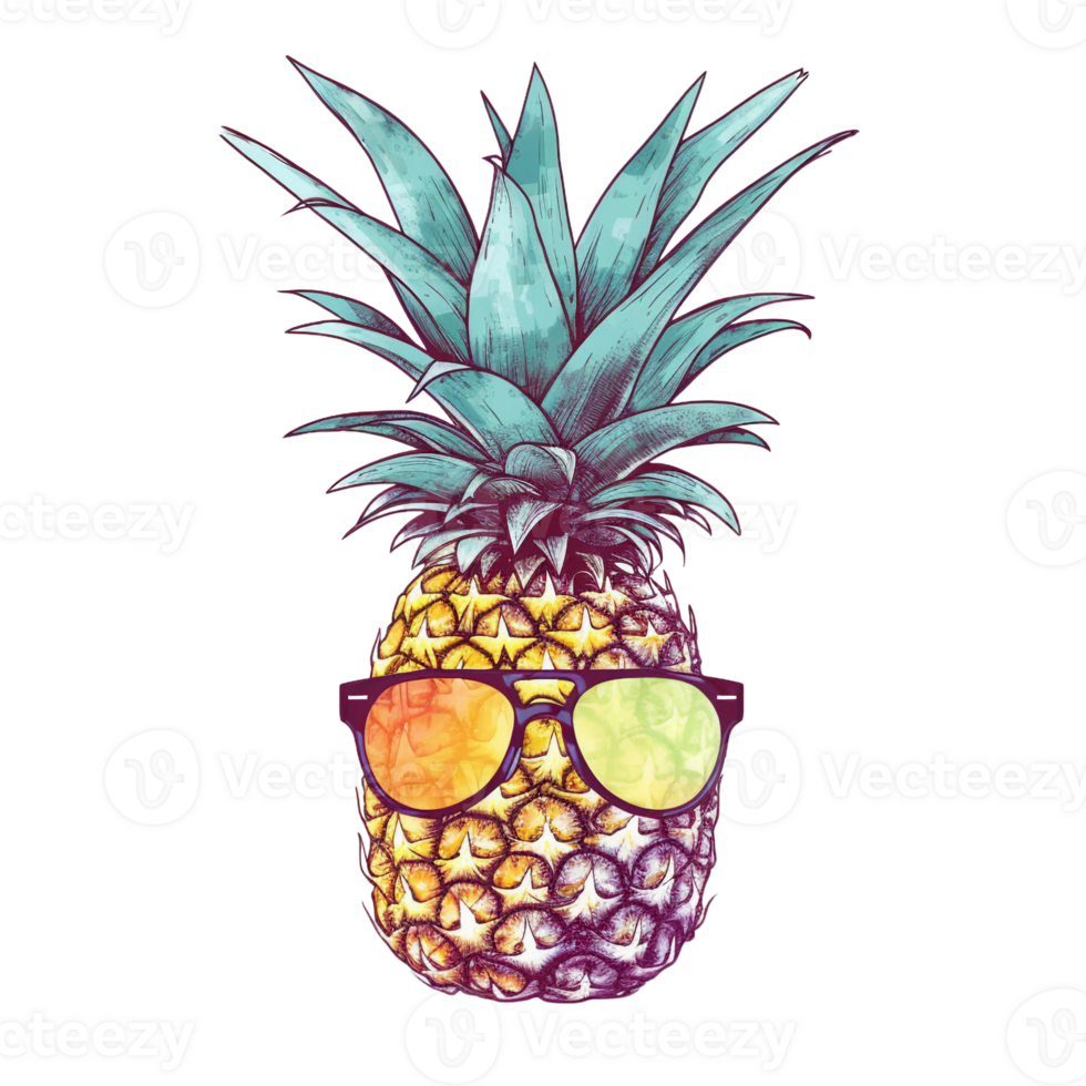 Retro pineapple with sunglass, summer season, watercolor, png