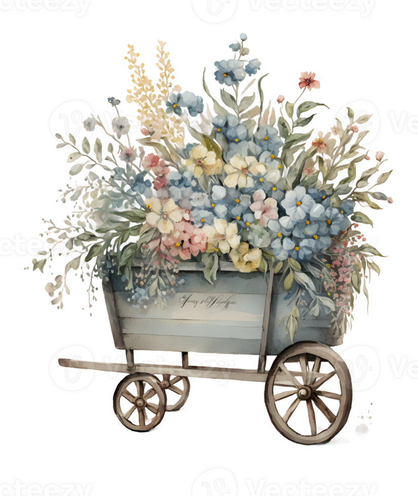 vintage carriage with flowers, wheelbarrow with flowers, isolated, png
