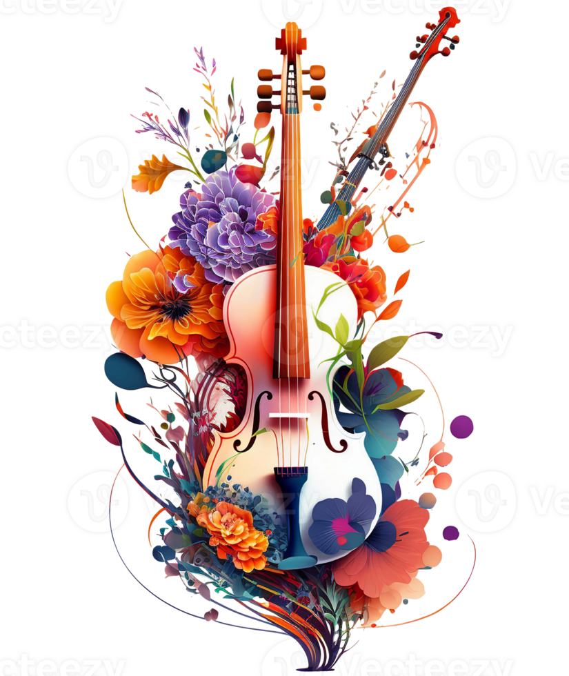 Violin covered with colorful flowers. watercolor graphics, png