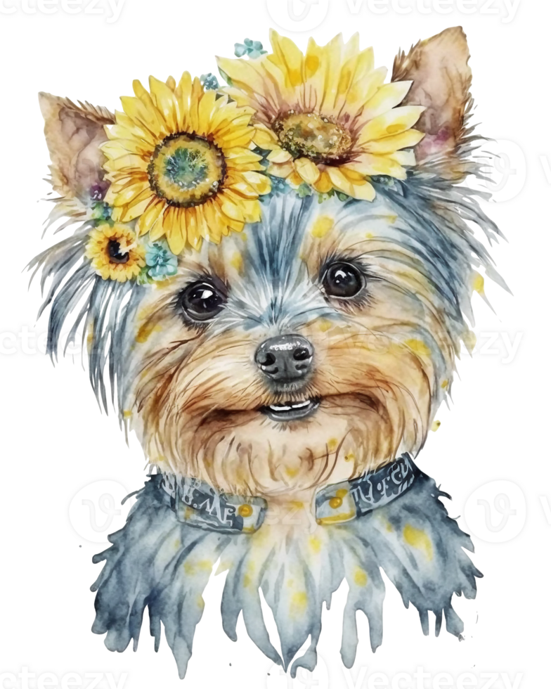 watercolor illustration of a Yorkshire terrier dog with sunflower on head, png