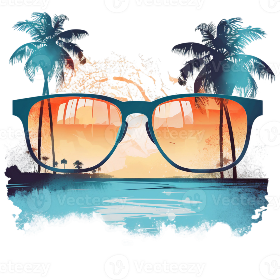 Retro tropical beach summer scene with sunglass and palm tree, watercolor, png