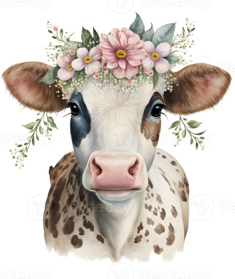 vaca cabeza con flores aislado, ai generativo png