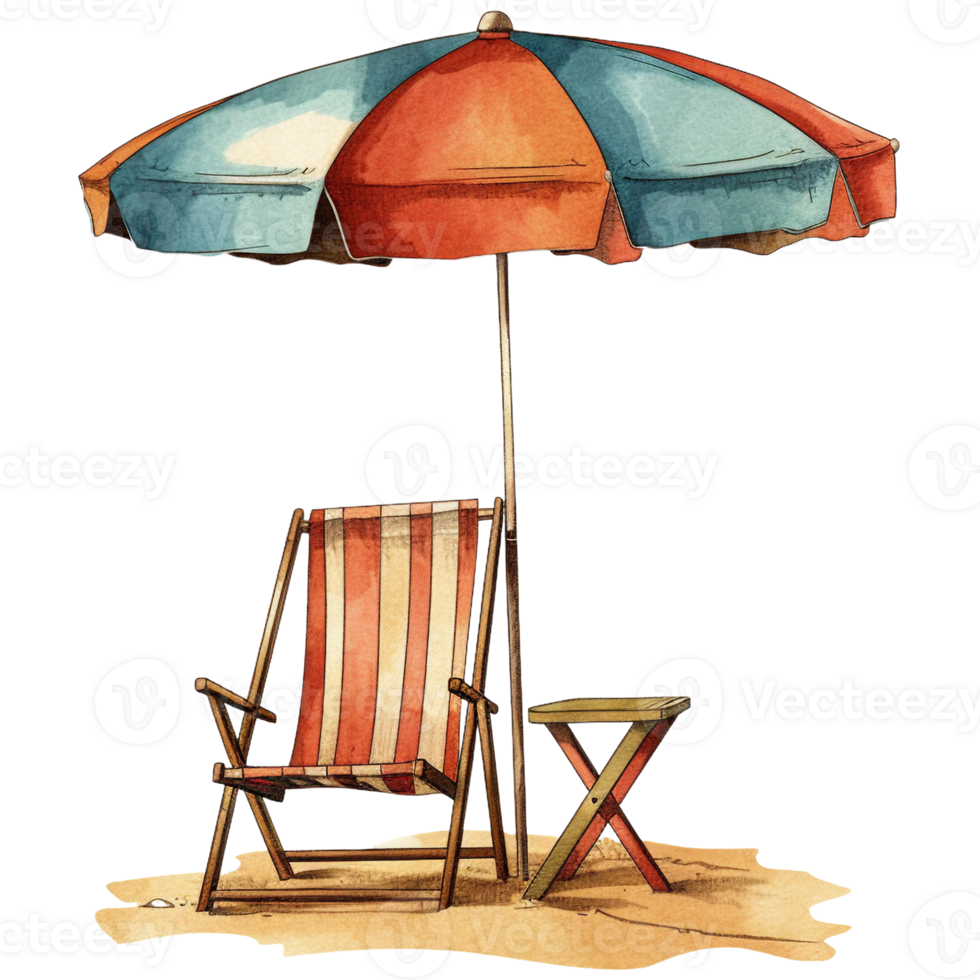 retro watercolor Beach umbrella with chair, png