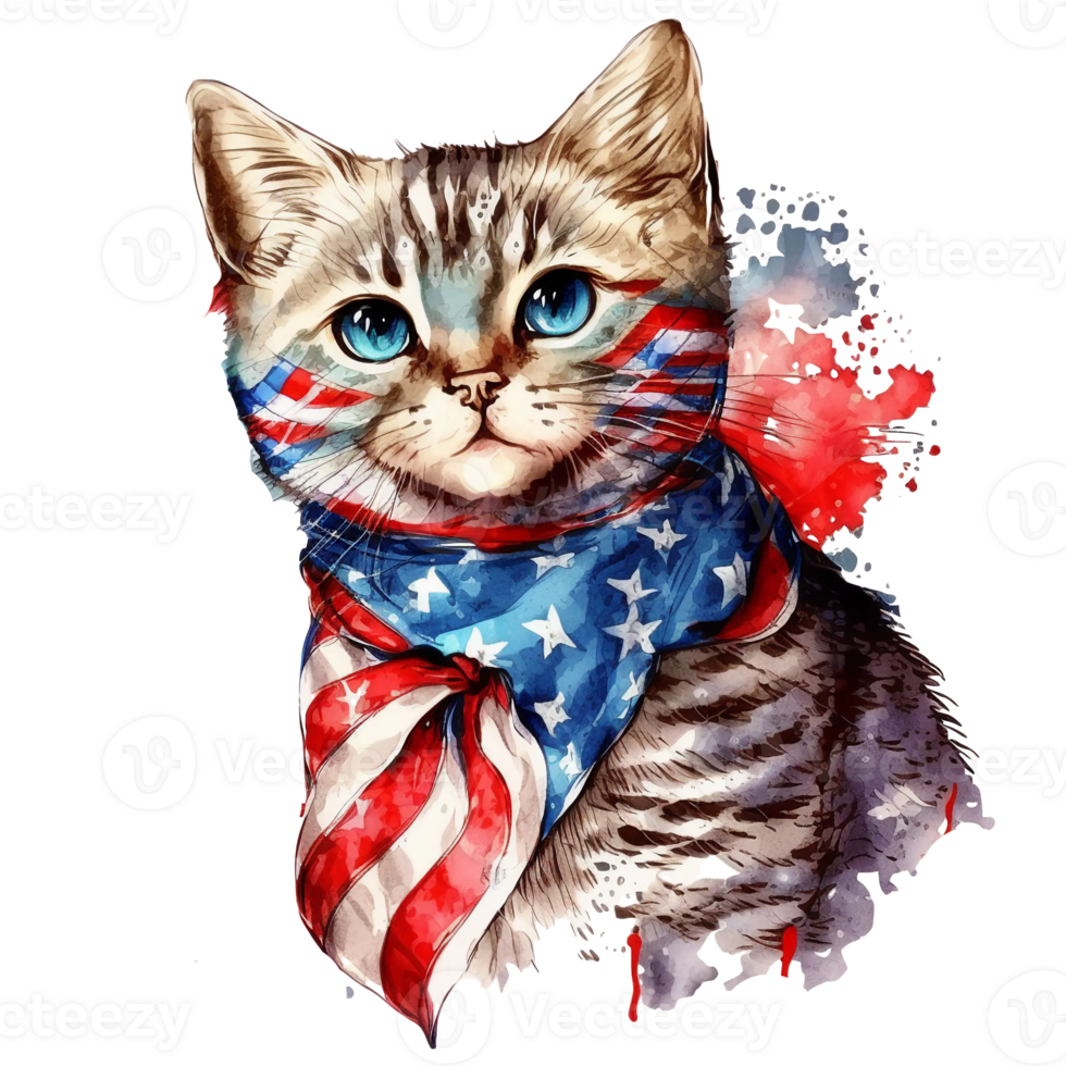 Watercolor Cat with USA flag, 4th of July element, png