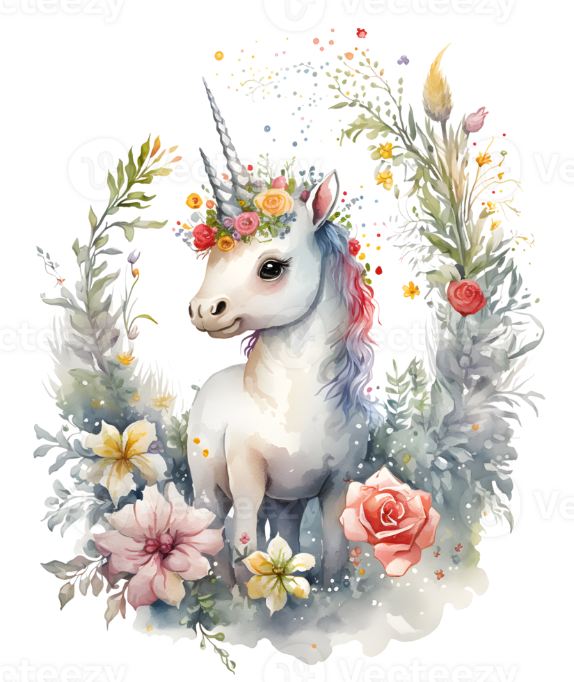 cute unicorn in the middle of lots of sunflowers, rose, wild flowers around, isolated, png