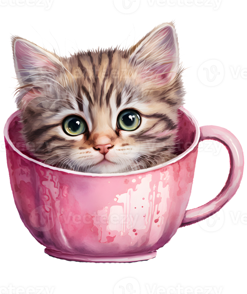 cute cat in a cup showing only the face with adorable look, watercolor, png