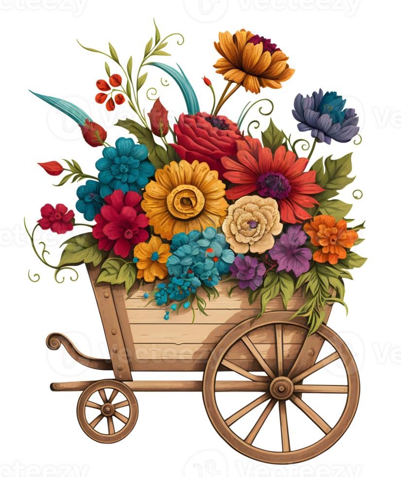 wheelbarrow with flowers, cart with flowers, isolated, png