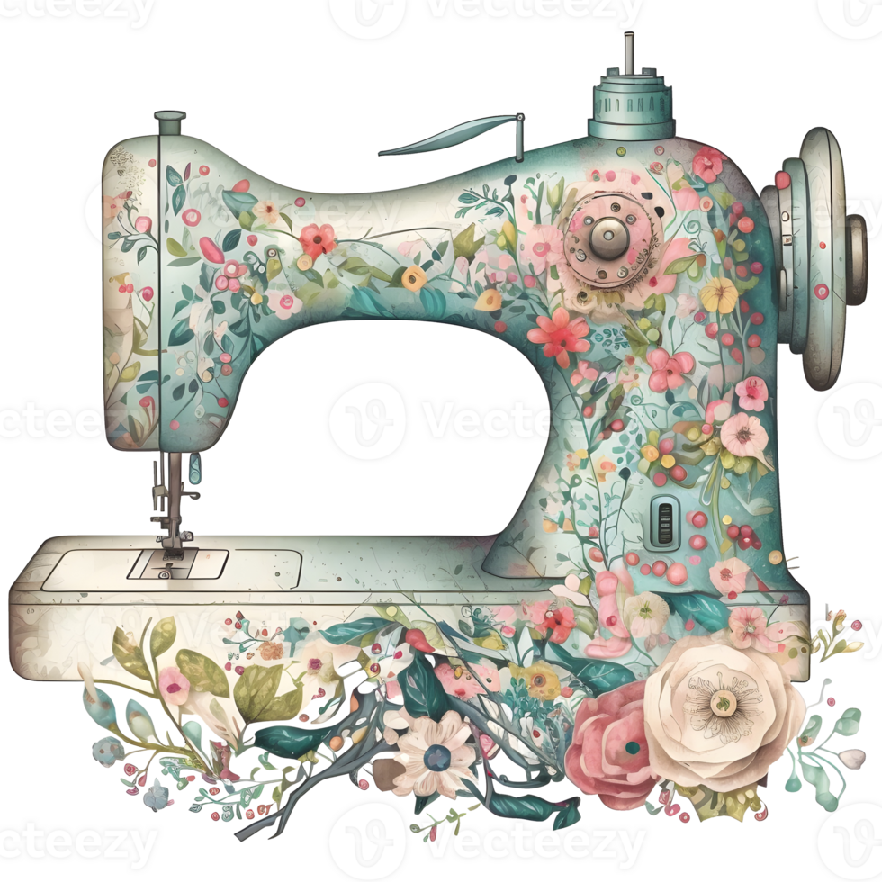 Vintage Sewing Machine Floral Watercolor Graphic, png