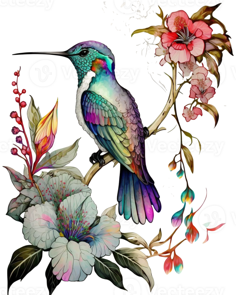 colibrì con fiori acquerello illustrazione, ai generativo png