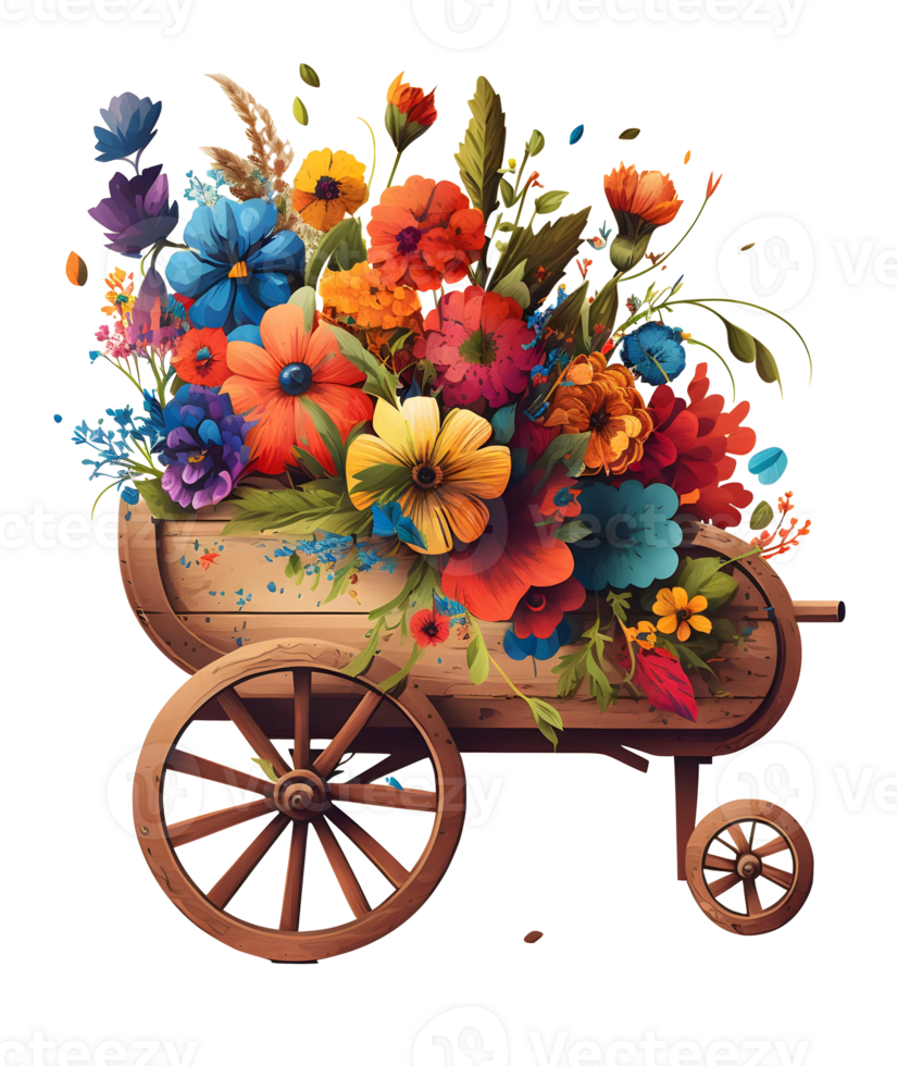 wheelbarrow with flowers, cart with flowers, isolated, png