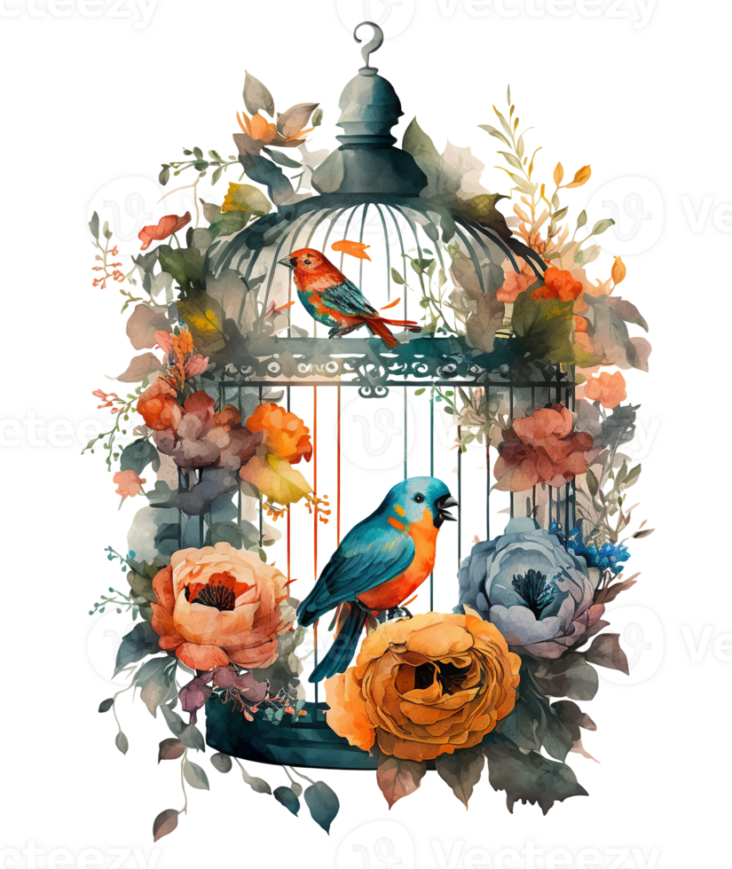 vogel in kooi met bloemen in de omgeving van geïsoleerd, ai generatief png