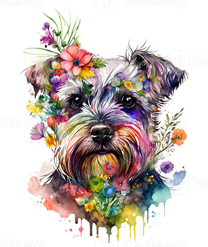 puppy with flowers, dog head with flowers, isolated, png