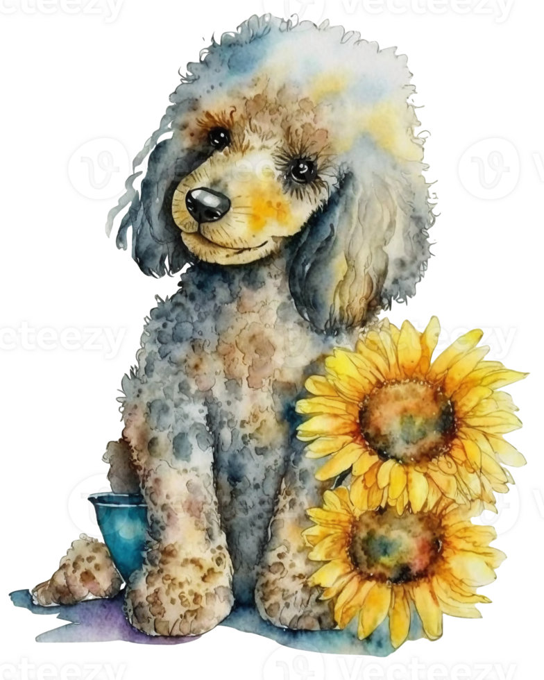 Cute adorable watercolor poodle dog with sunflower illustration, png