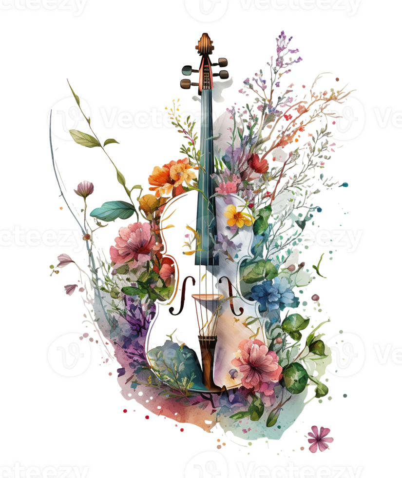 Violin covered with colorful flowers. watercolor graphics, png
