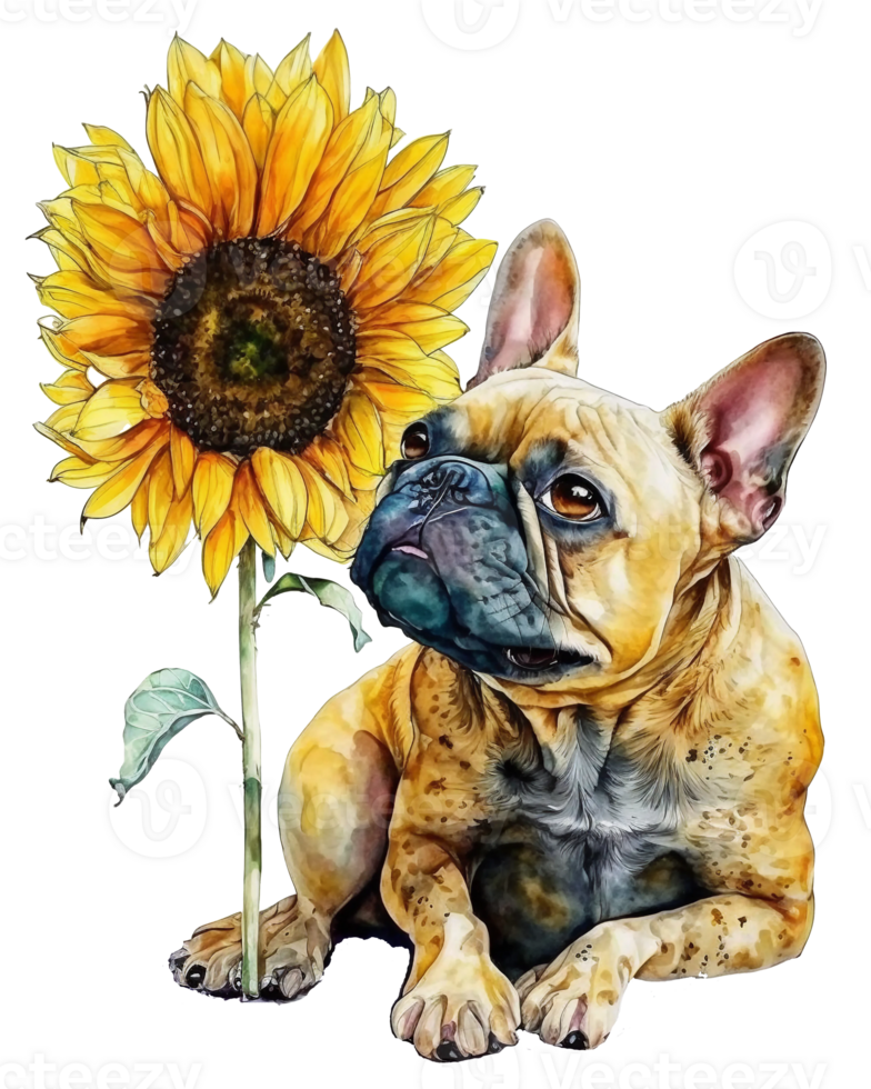 Frans bulldog met zonnebloem waterverf illustratie, ai generatief png