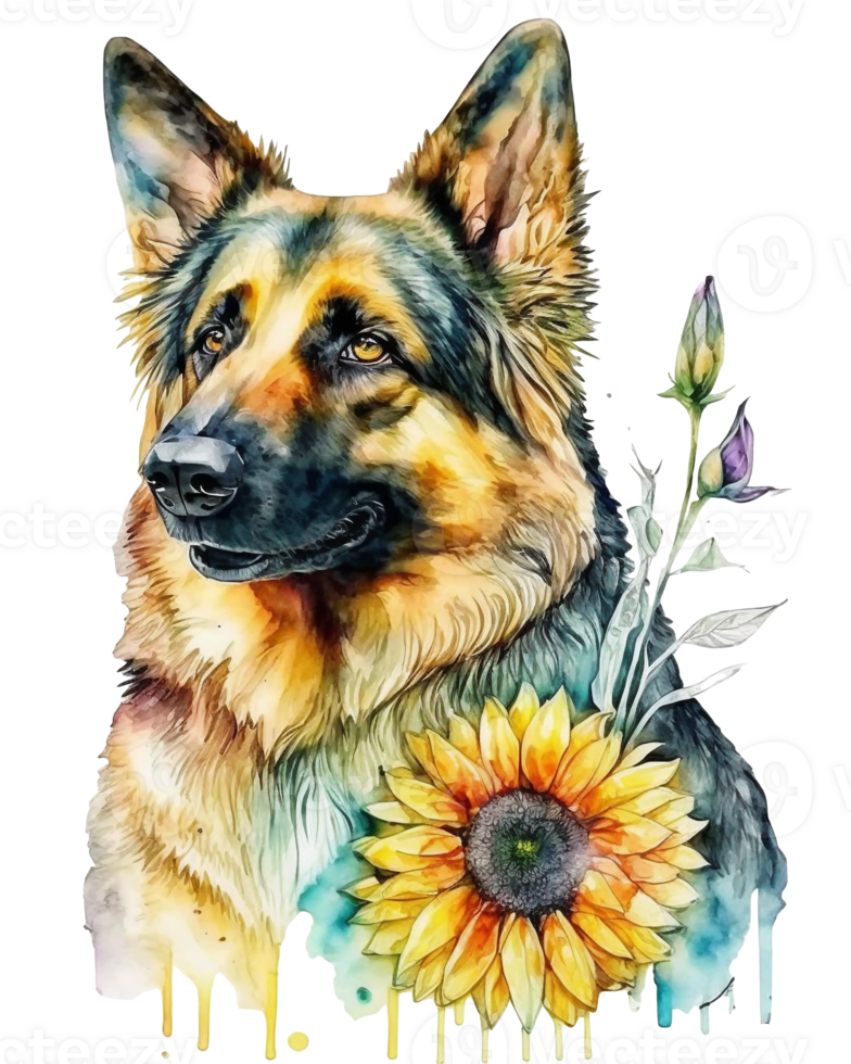 allemand berger chien avec tournesol aquarelle illustration, ai génératif png
