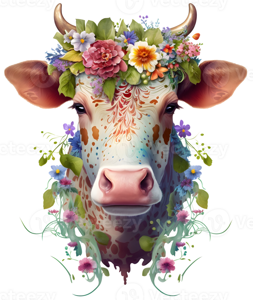 vaca cabeza con flores aislado, ai generativo png