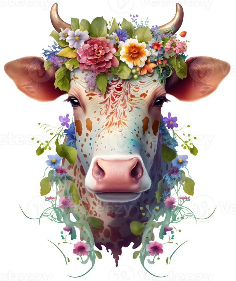 vache tête avec fleurs isolé, ai génératif png