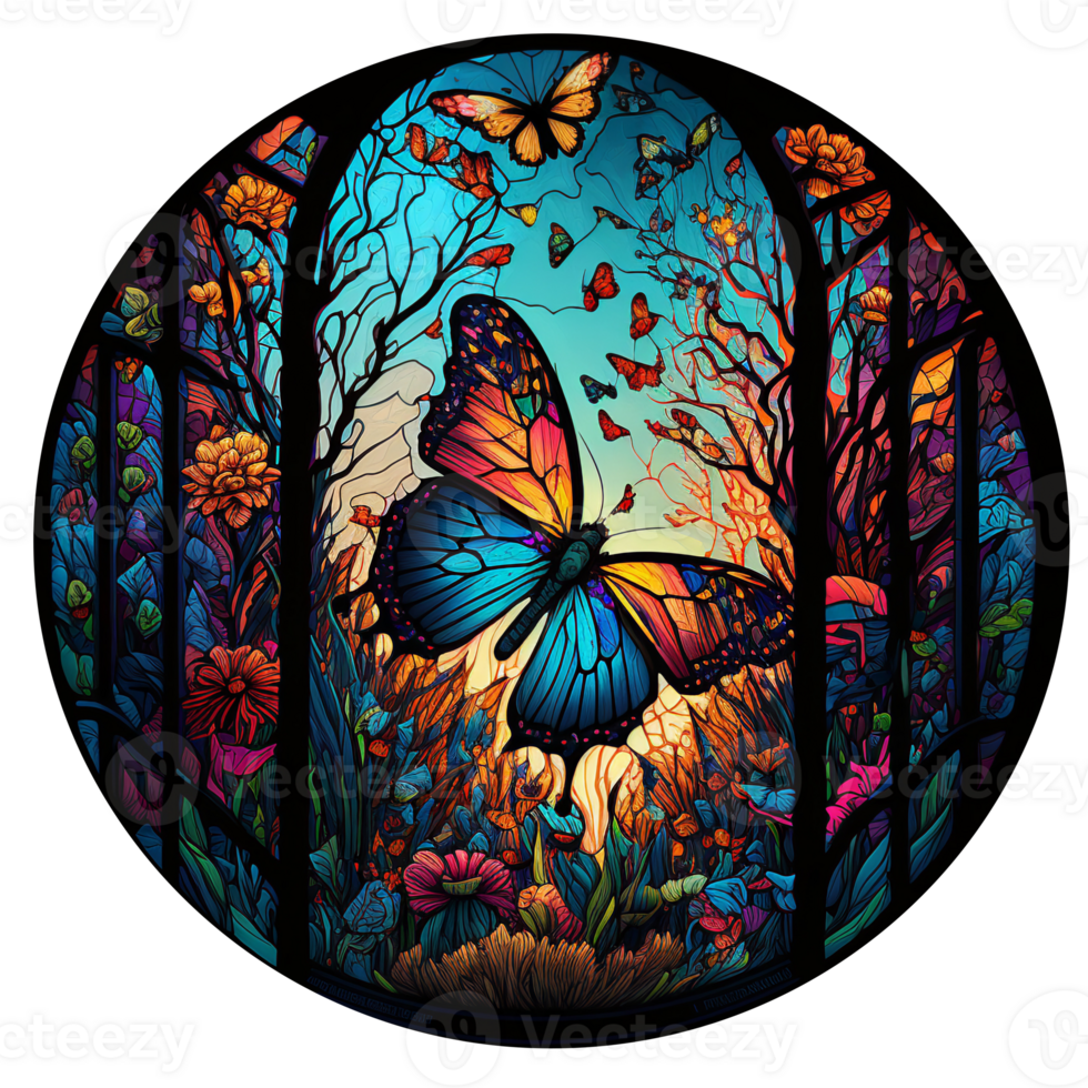 Stained glass butterfly round, png