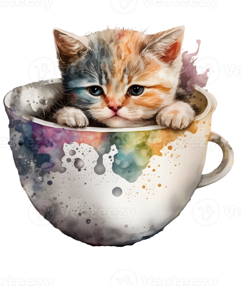cute cat in a cup showing only the face with adorable look, watercolor, png