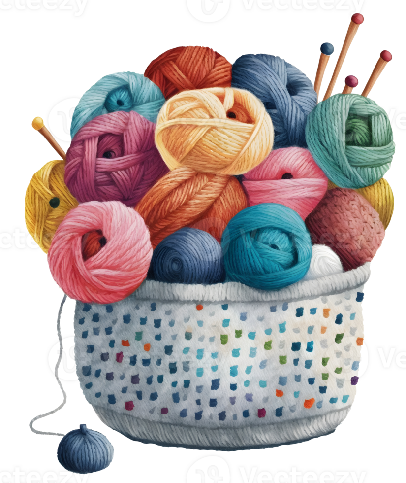 basket of yarn and needles, watercolor, isolated, png