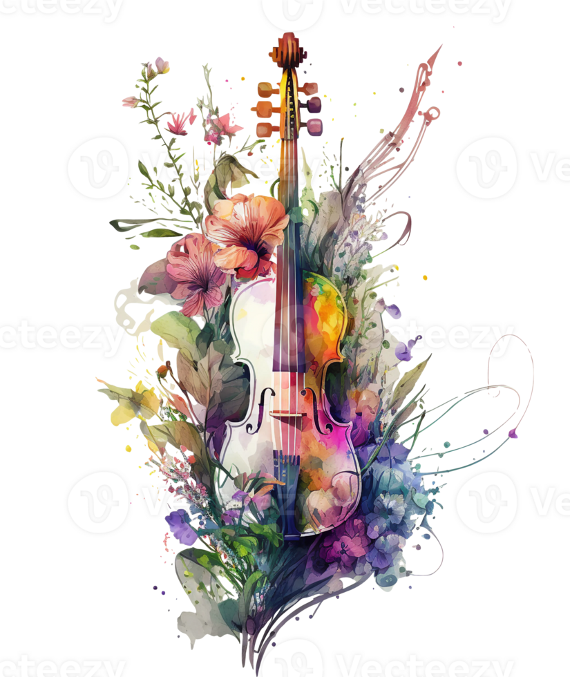 Violin covered with colorful flowers. watercolor graphics, png