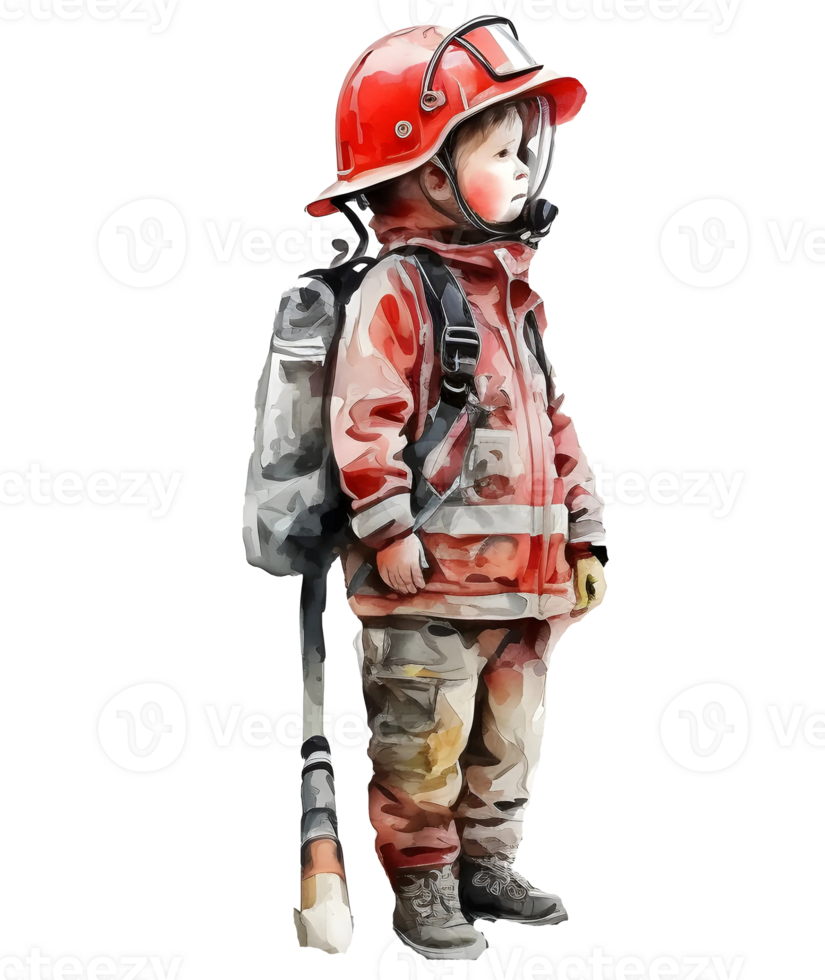 watercolor firefighter kid illustration, png