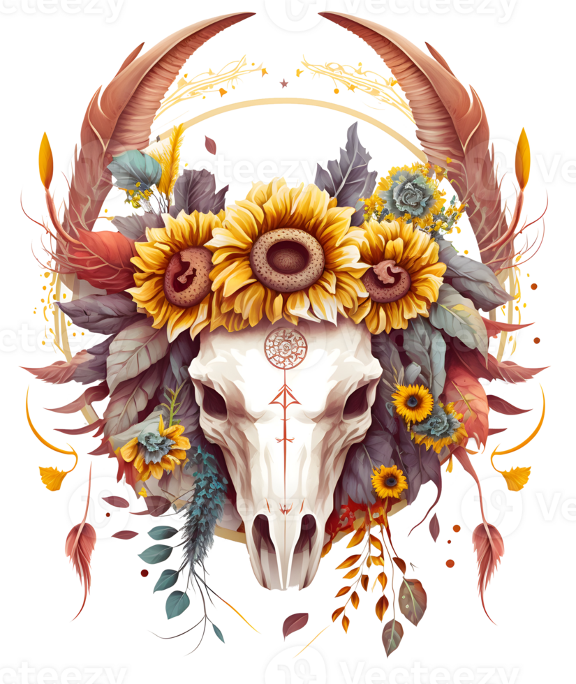 Bull skull with flowers, boho and gothic style, isolated png