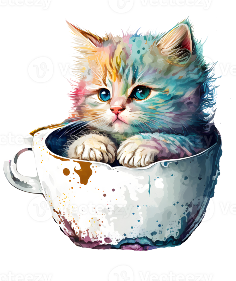 cute cat in a cup showing only the face with adorable look, watercolor, png