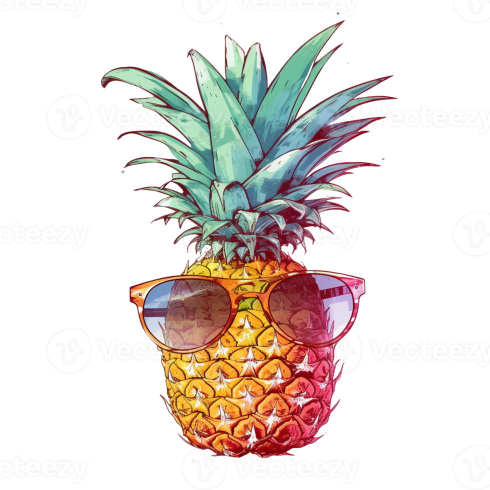 Retro pineapple with sunglass, summer season, watercolor, png