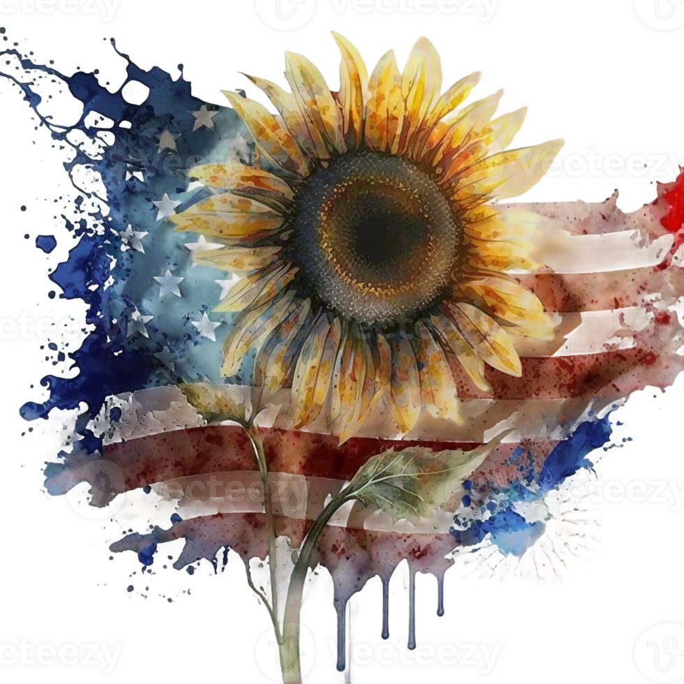 watercolor sunflower with american flag, 4th of july, png