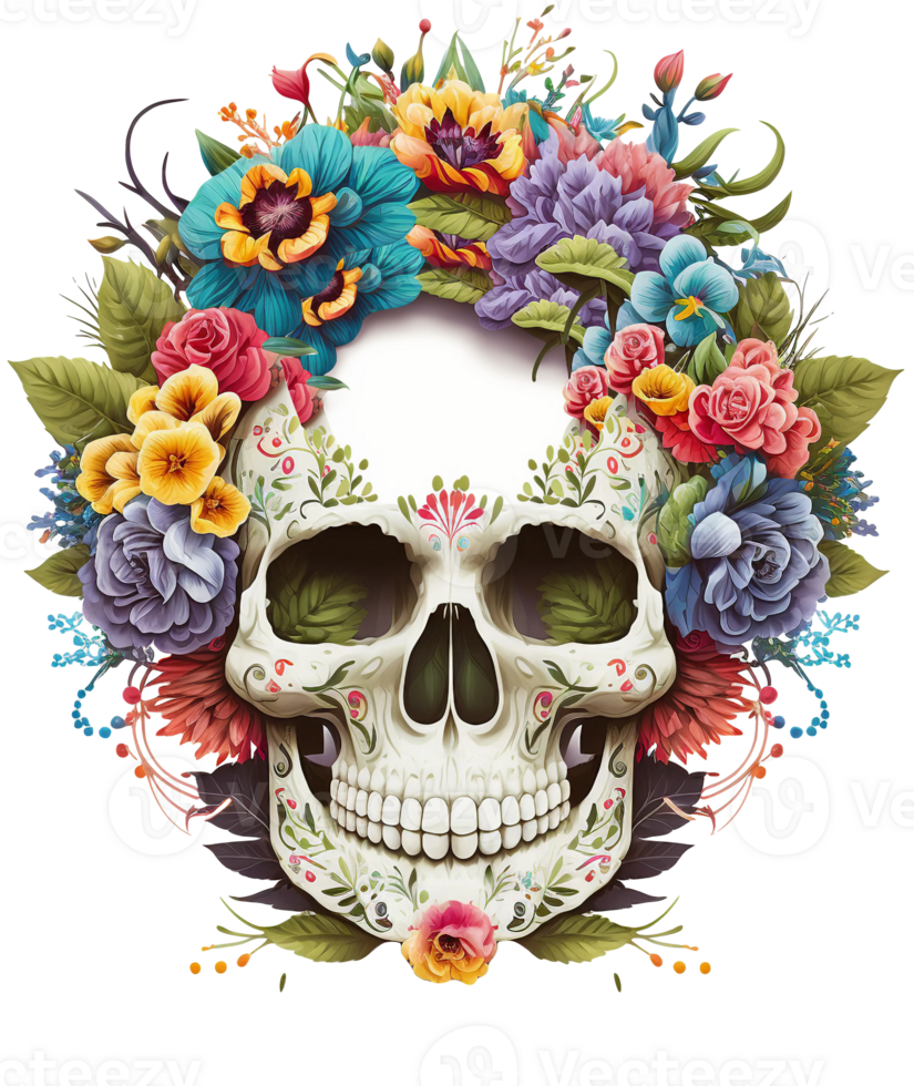 skull with flowers isolated, png
