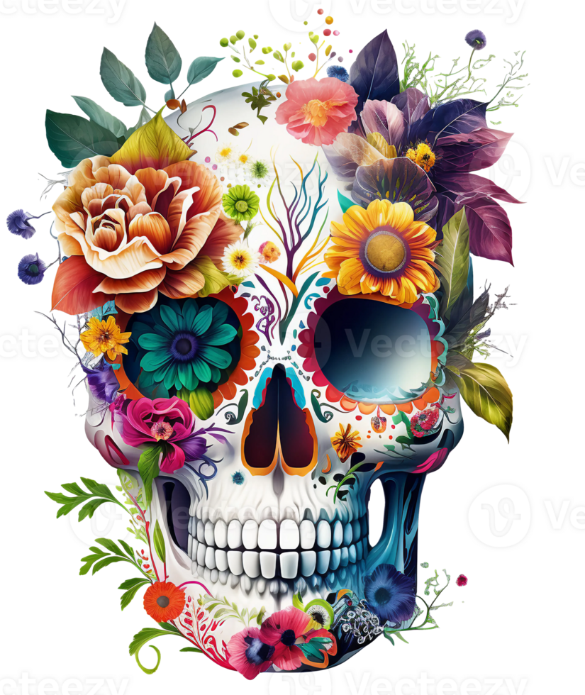 skull with flowers isolated, png