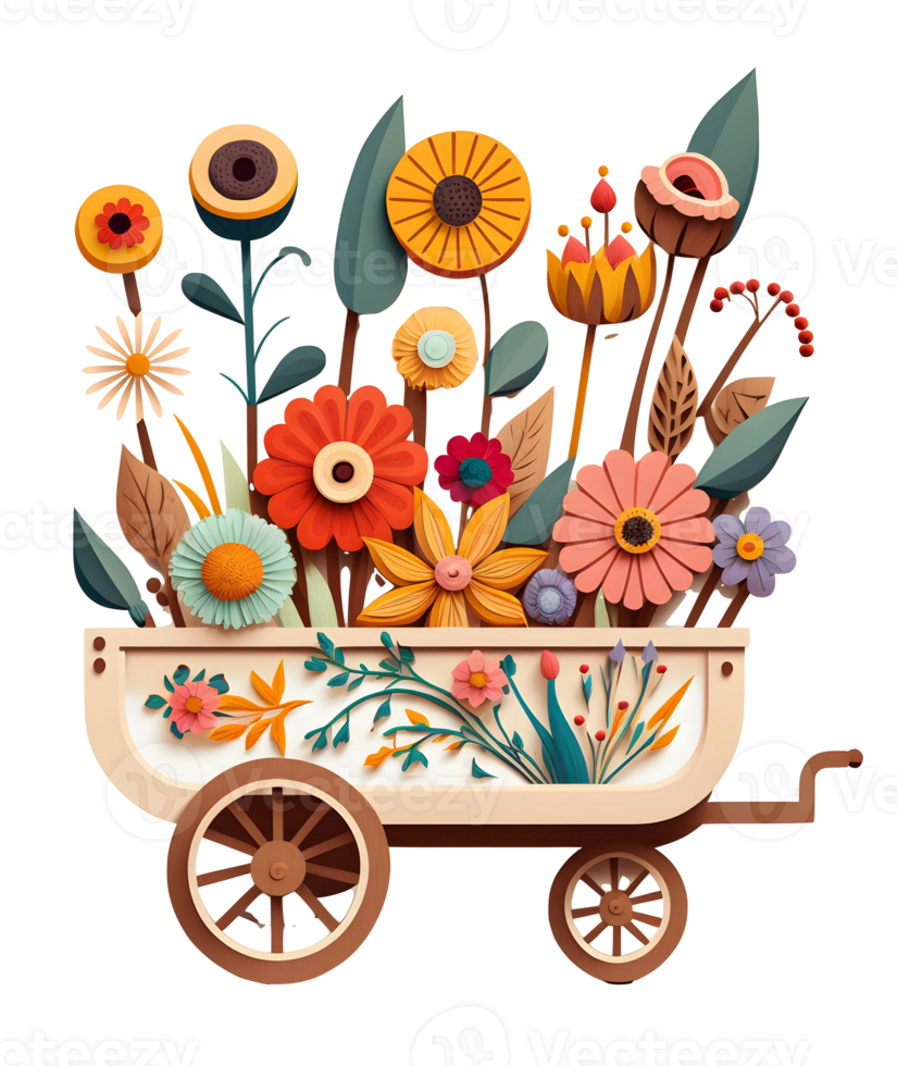 wheelbarrow with flowers, cart with flowers, isolated, png