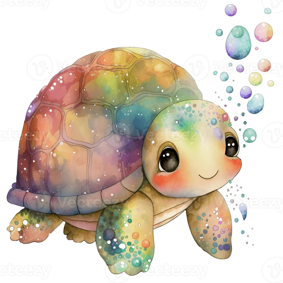 coloré et espiègle bébé tortue illustration dans aquarelle style avec l'eau laissez tomber éclaboussure, ai génératif png