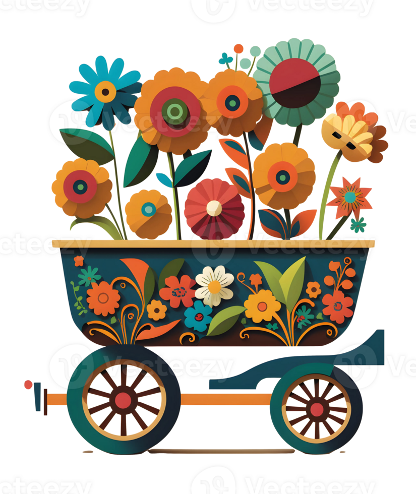 carretilla con flores, carro con flores, aislado, ai generativo png