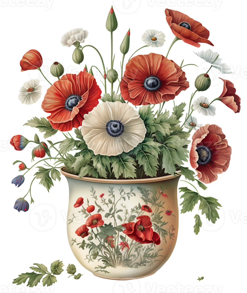 Colorful flowers bouquet in a vase, png
