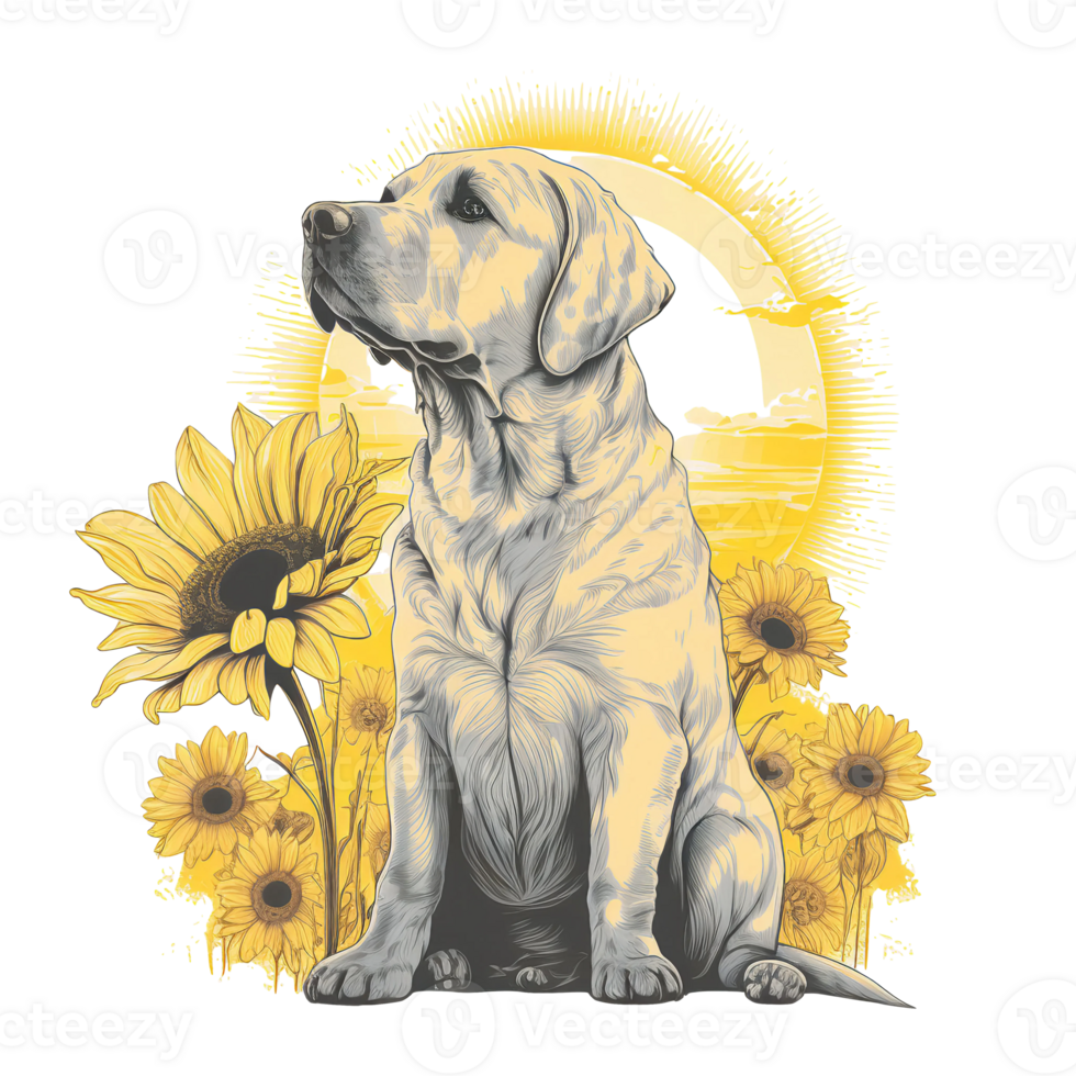 Labrador Retriever mit Sonnenblume Aquarell Illustration, ai generativ png