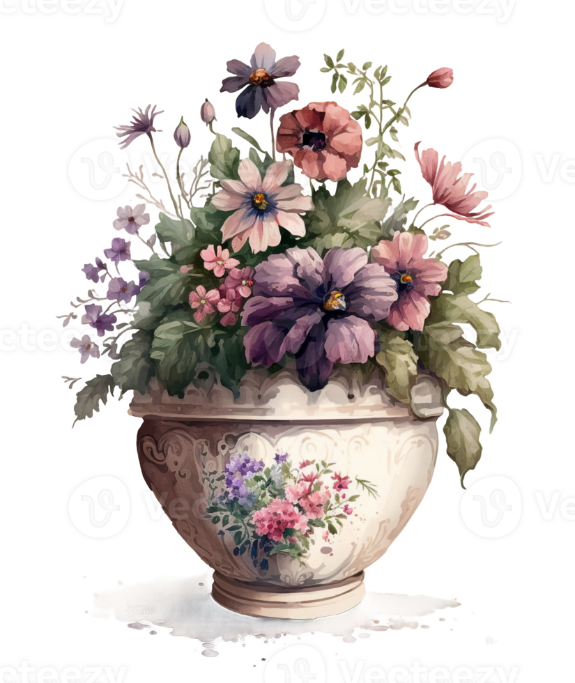 Watercolor flowers and plants in a vase, png