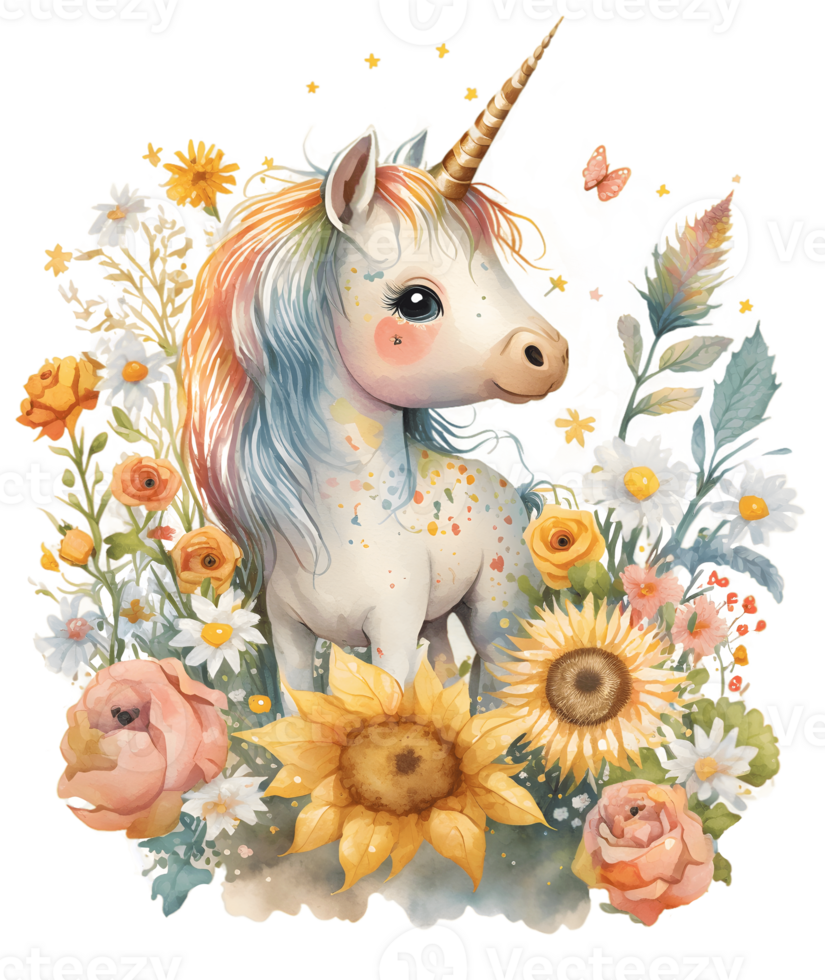 cute unicorn in the middle of lots of sunflowers, rose, wild flowers around, isolated, png