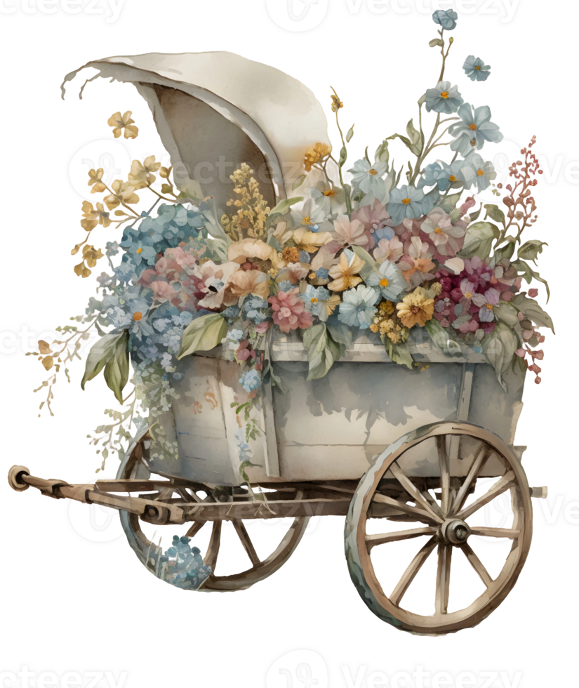 vintage carriage with flowers, wheelbarrow with flowers, isolated, png