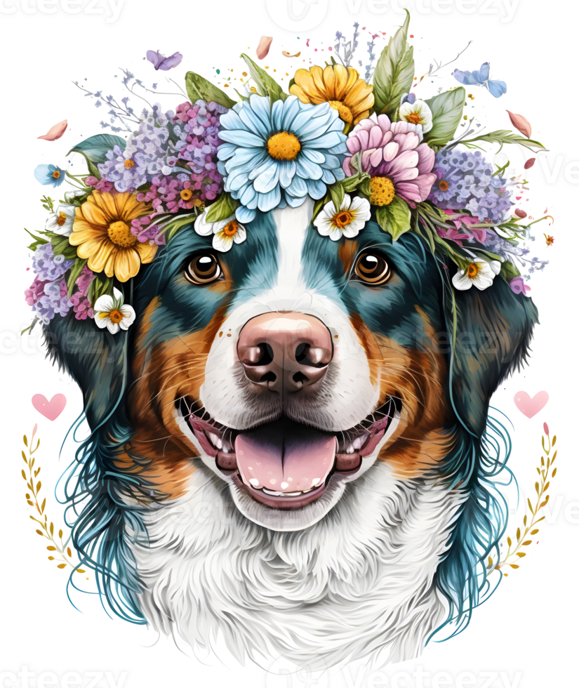 puppy with flowers, dog head with flowers, isolated, png