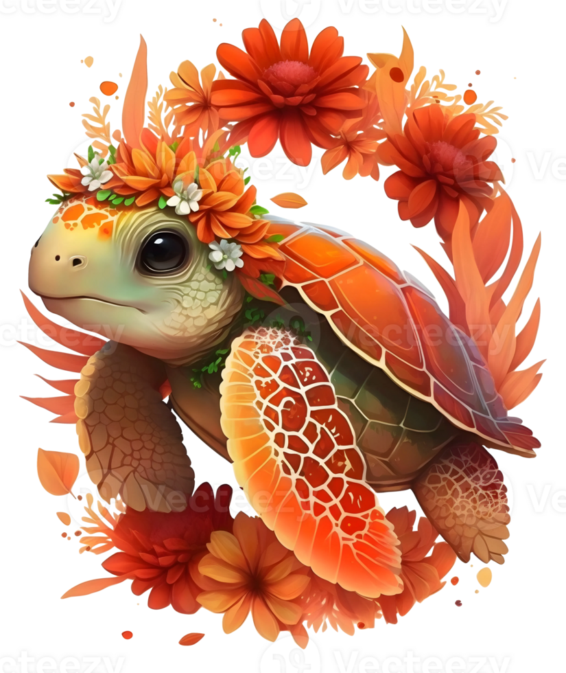 mar tartaruga com flor aquarela, ai generativo png