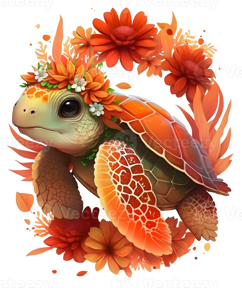 mar Tortuga con flor acuarela, ai generativo png