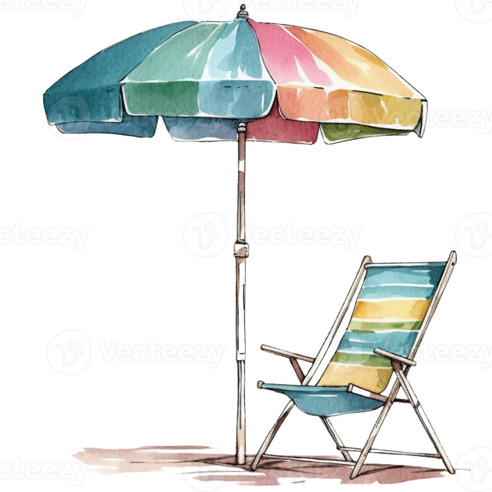 retro watercolor Beach umbrella with chair, png