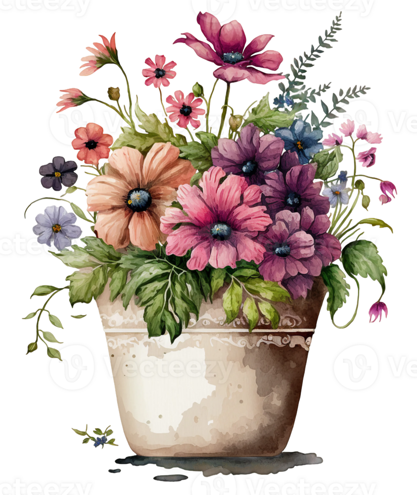 Watercolor flowers and plants in a vase, png