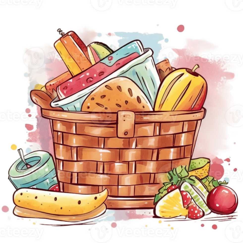 watercolor picnic basket with summer fruits, png